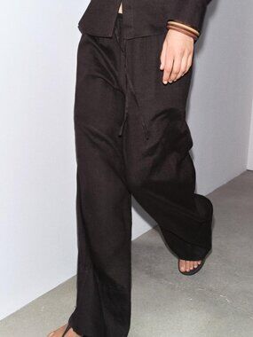 Zara ZW Collection 100% Linen Palazzo Pants Brown Drawstring Wide Leg NWT Medium